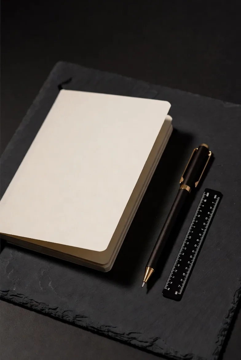 Notebook aperto con penna e righello su ardesia nera — pianificazione progetto
