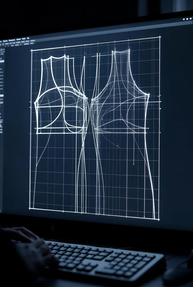 Schermo CAD con curve di cartamodello in ambiente studio buio