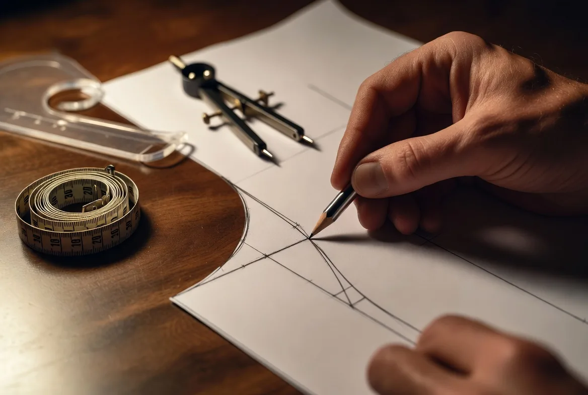 Costruzione cartamodello con matita e strumenti tecnici su piano da lavoro